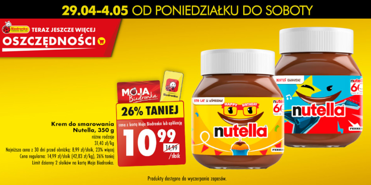 Biedronka: -26% na krem do smarowania Nutella, 350 g 30.04.2024