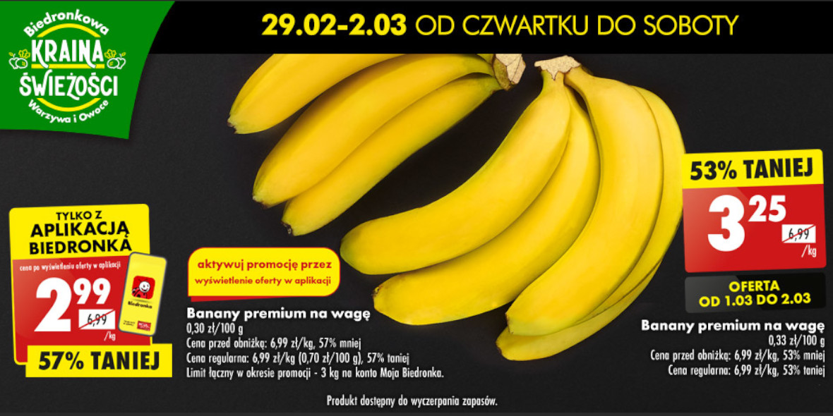 Biedronka: Do -57% na banany premium na wagę 29.02.2024