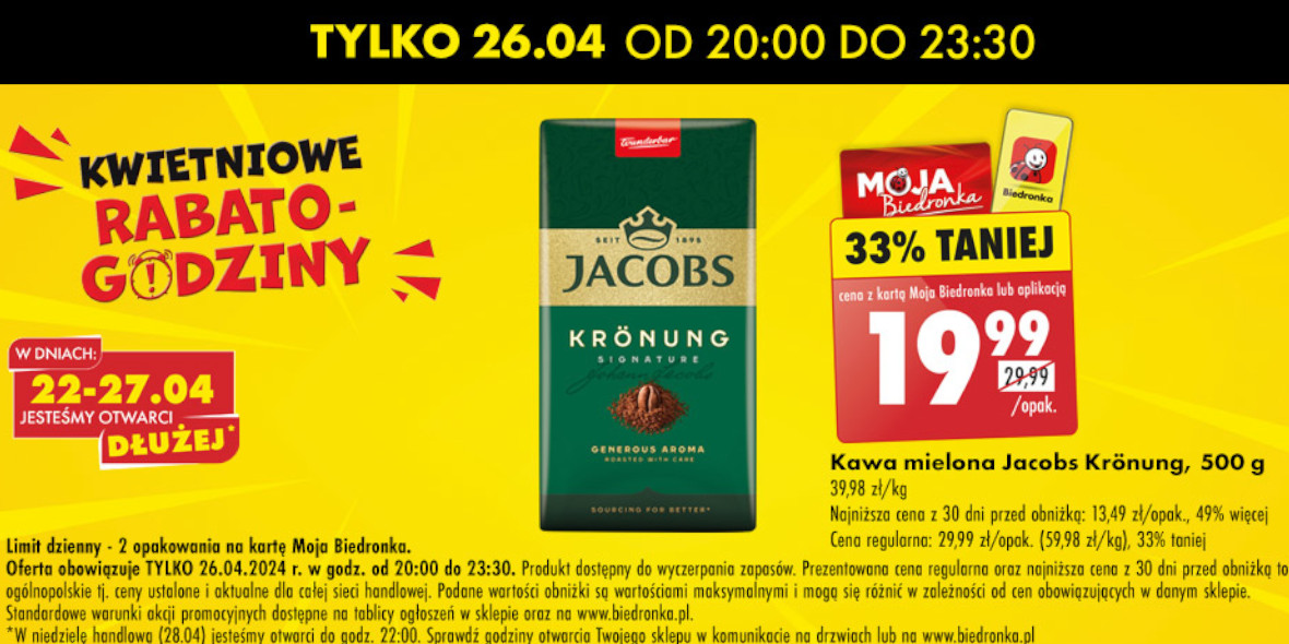 Biedronka: -33% na kawę mieloną Jacobs Kronung 26.04.2024