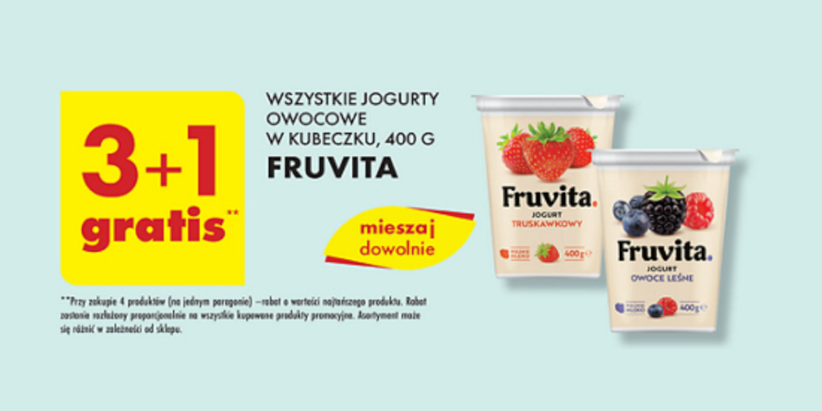 Biedronka: 3+1 GRATIS wszystkie jogurty owocowe w kubeczku Fruvita 06.06.2023