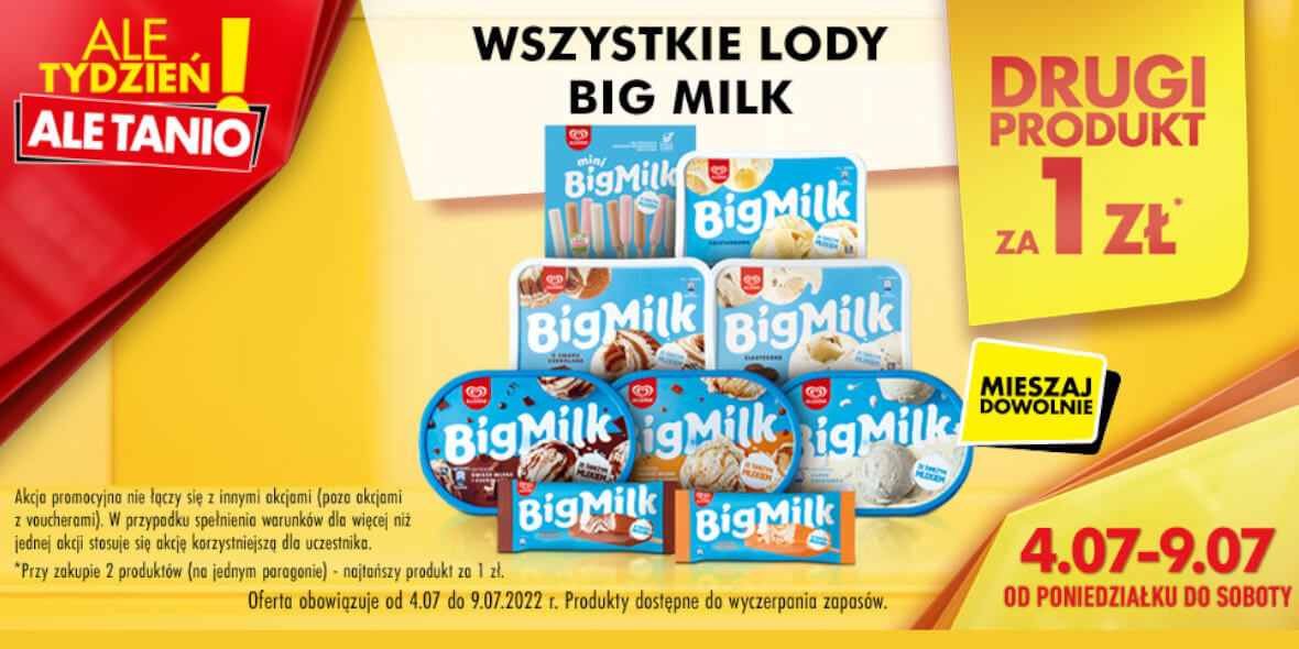 Biedronka:  1 zł za lody Big Milk - drugi produkt 04.07.2022
