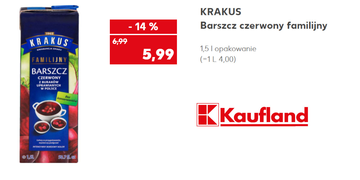 Kaufland: -14% na barszcz czerwony familijny KRAKUS 30.11.2022