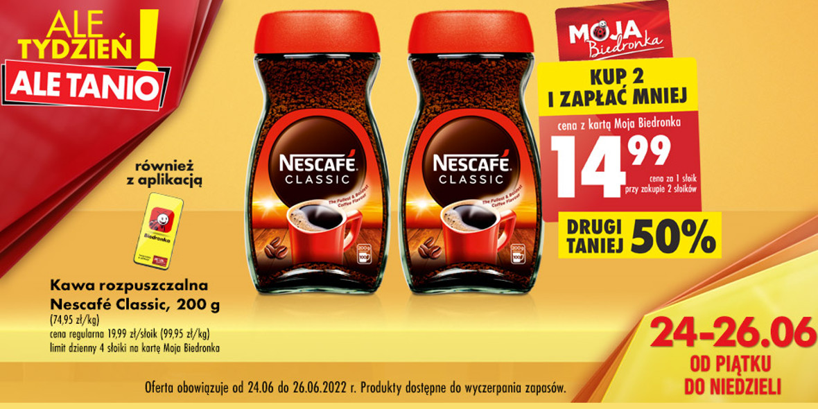 Biedronka: -50% na kawę rozpuszczalną NESCAFÉ Classic 24.06.2022