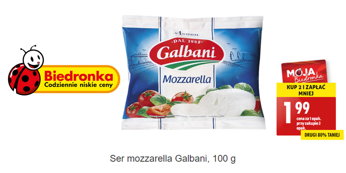 Biedronka: -80% na ser Mozzarella Galbani - drugie opakowanie 12.08.2022
