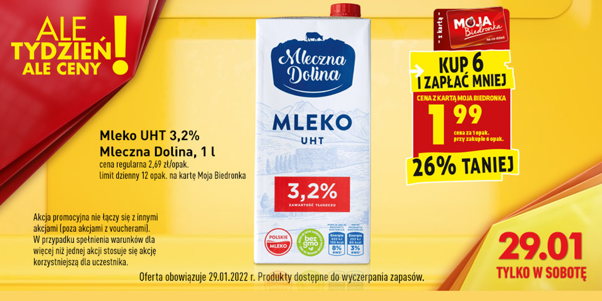 Biedronka: -26% na mleko UHT 3,2% Mleczna Dolina 29.01.2022