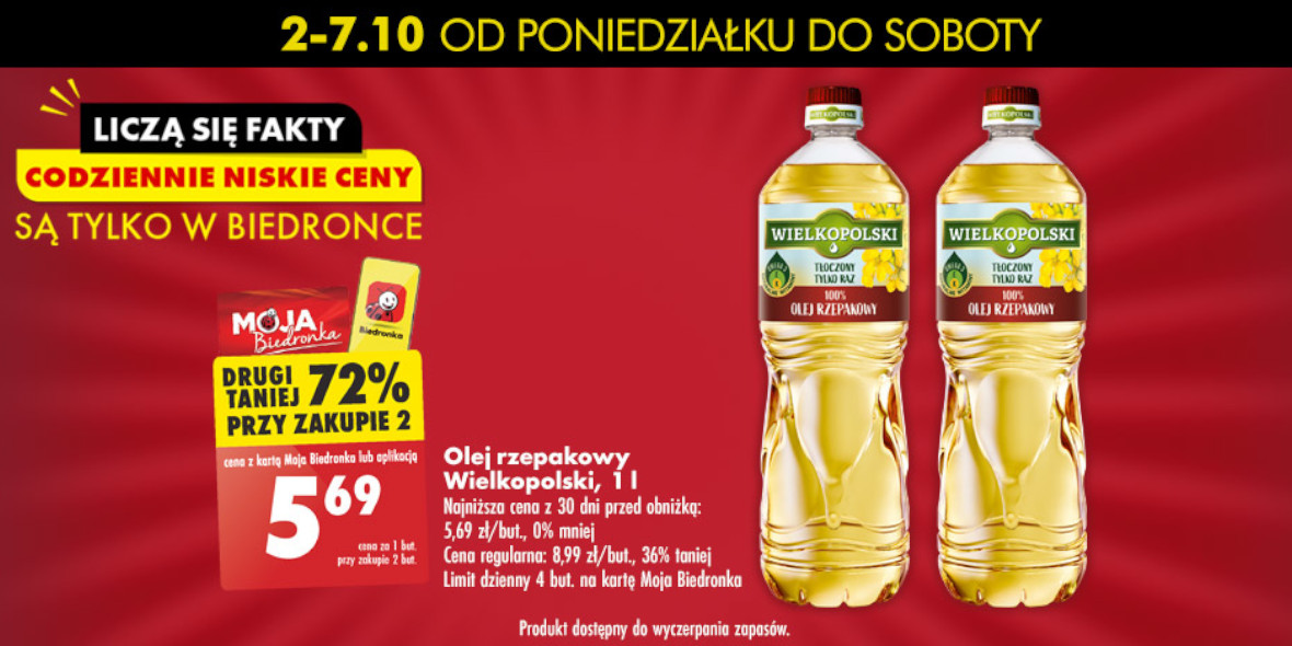 Biedronka: -72% na olej rzepakowy Wielkopolski, 1 l 02.10.2023