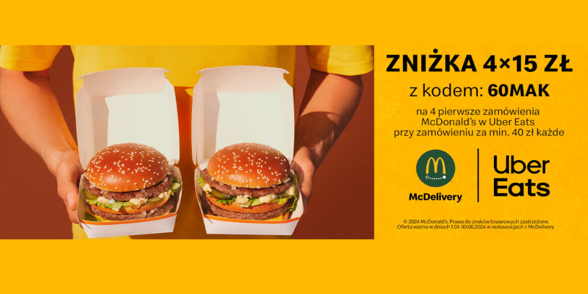 McDonald's: KOD rabatowy -60 zł na zamówienia z dostawą Uber Eats 01.01.2024