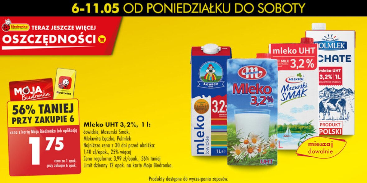 Biedronka: -56% na mleko UHT 3.2% , 1 l 06.05.2024