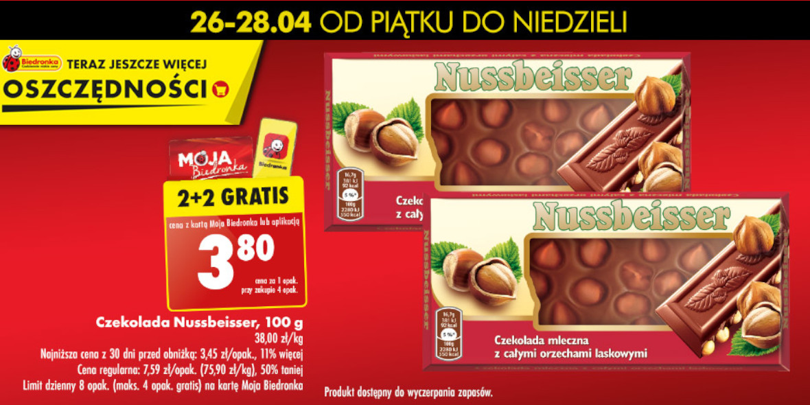 Biedronka: 2+2 GRATIS czekolada Nussbeisser 26.04.2024