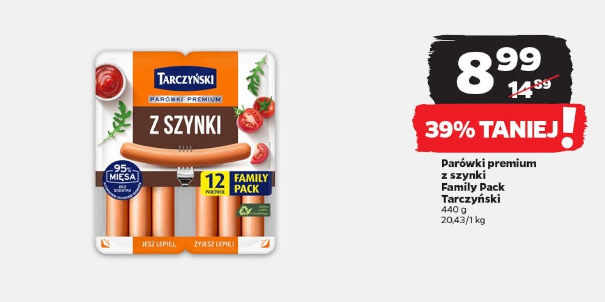 Netto: -39% na parówki z szynki Family Pack Tarczyński 13.05.2024