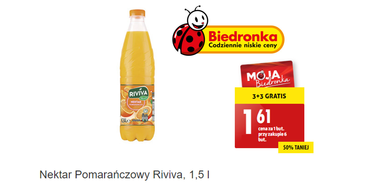 Biedronka: 3 + 3 GRATIS na nektar pomarańczowy Riviva 20.05.2022