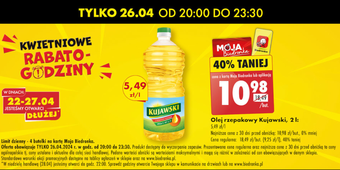 Biedronka: -40% na olej rzepakowy Kujawski, 2 l 26.04.2024