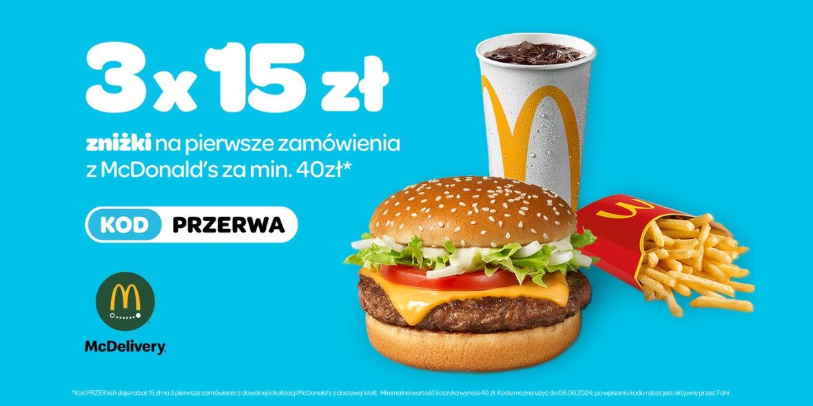 McDonald's: KOD rabatowy 3x -15 zł na zamówienia z Wolt 17.05.2024