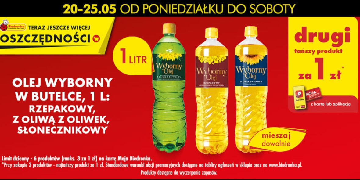 Biedronka: 1 zł za olej Wyborny, 1 l - drugi tańszy produkt 20.05.2024