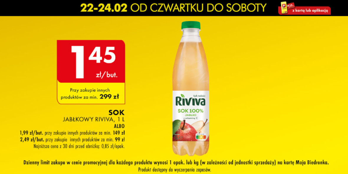 Biedronka: Od 1,45 zł za sok jabłkowy Riviva 23.02.2024