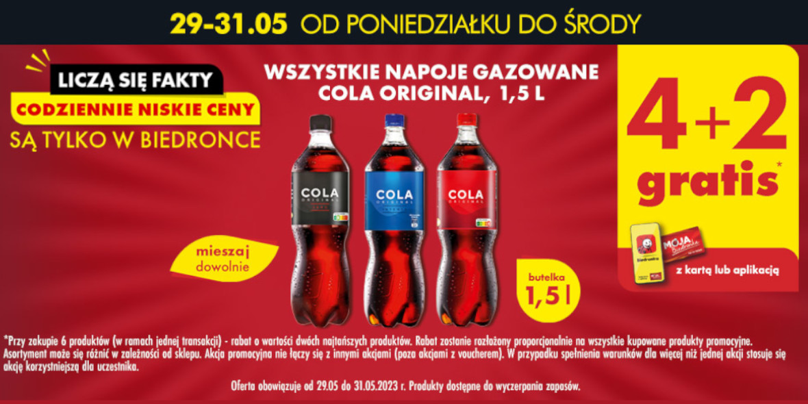 Biedronka: 4+2 GRATIS wszystkie napoje gazowane Cola Original, 1,5 l 29.05.2023