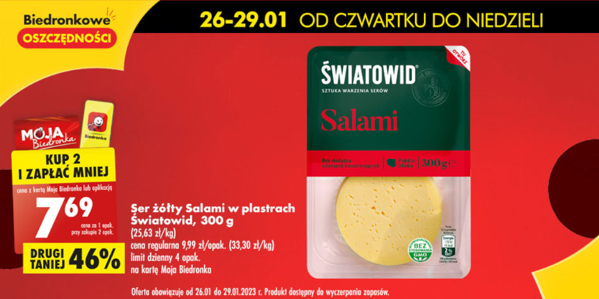 Biedronka: -46% na ser żółty Salami w plastrach Światowid 26.01.2023